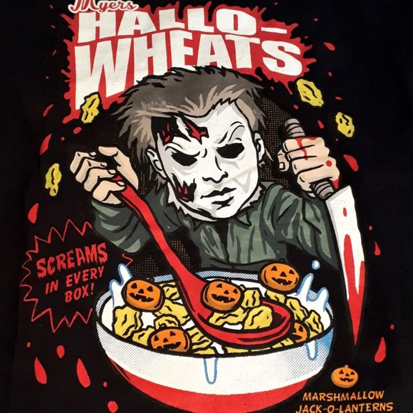 *NEW* HALLOWEEN Michael Myers "Hallo-Wheats" Cereal Parody Black T-shirt Small - Picture 2 of 3